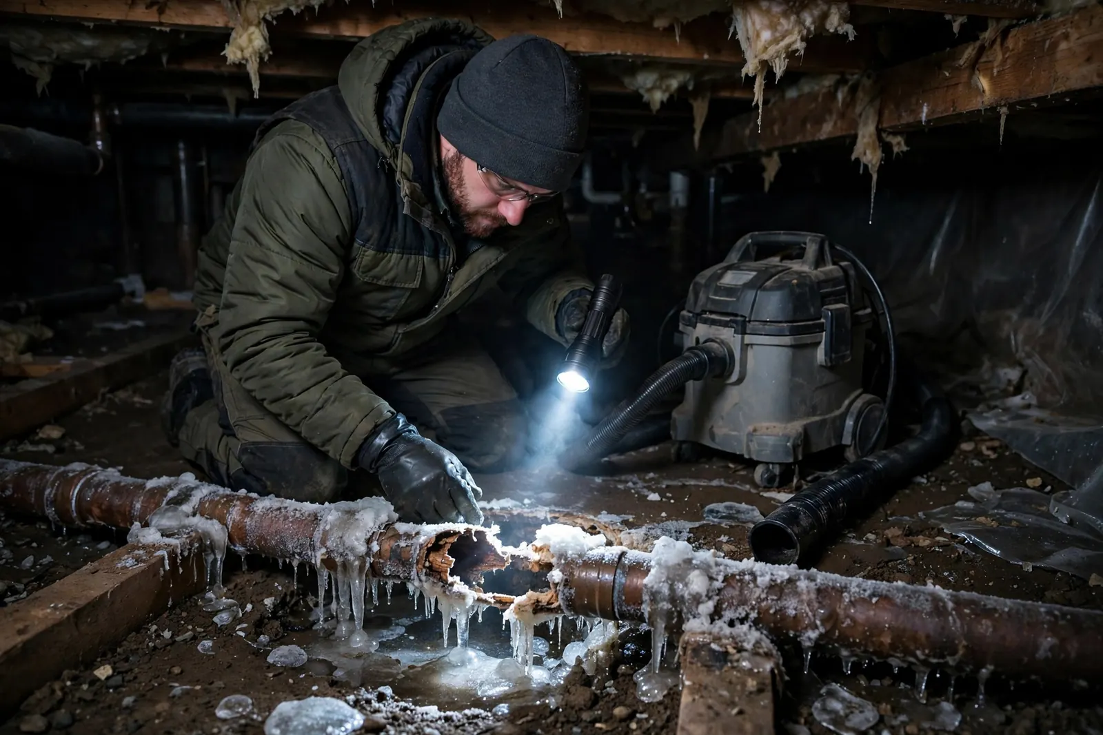 Burst Pipe & Freeze Water Damage Repair Aberdeen, ID — a technician repairing a burst pipe in a home