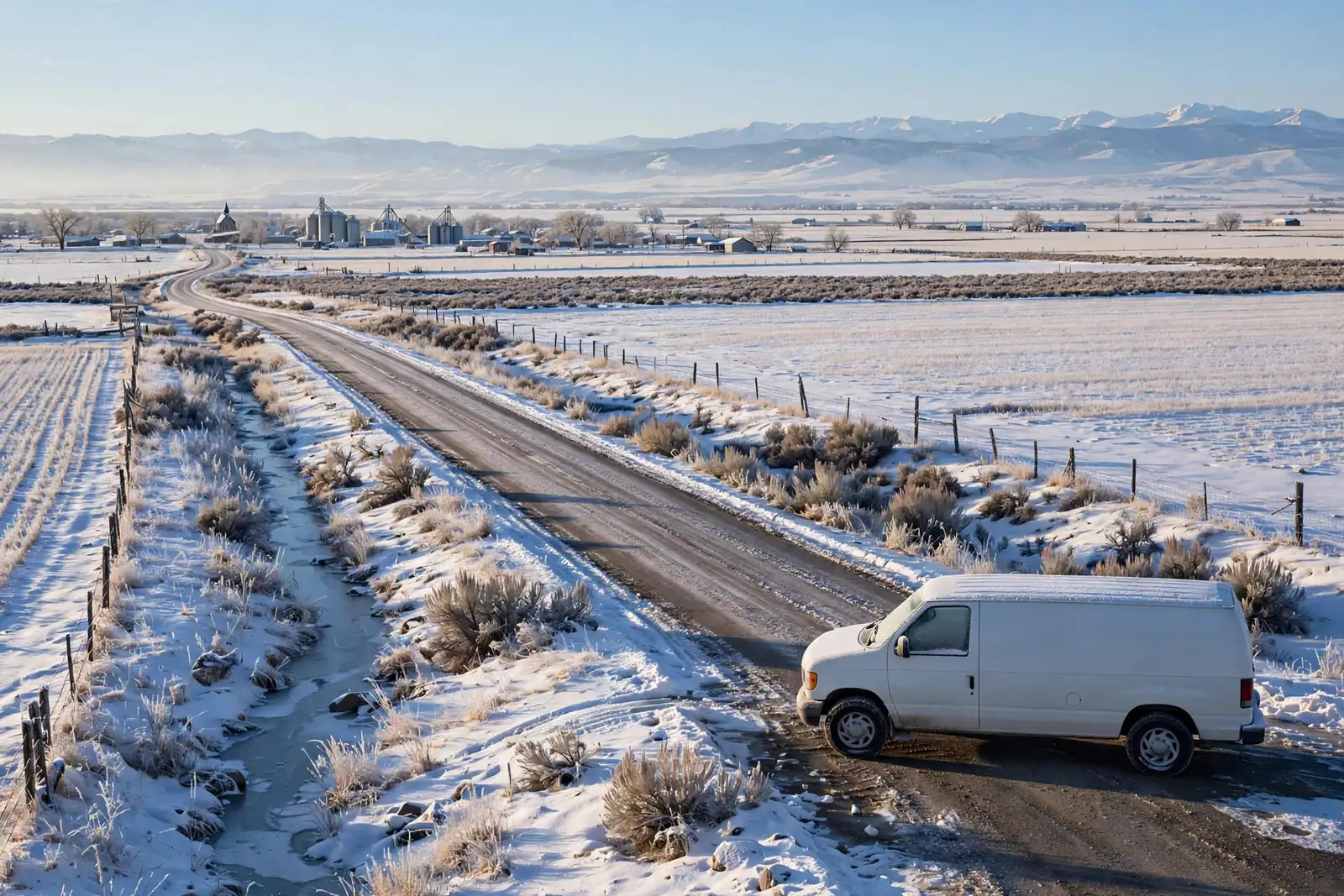 Burst Pipe & Freeze Water Damage Repair Bingham County, ID — an Idaho winter landscape in Bingham County with a service van