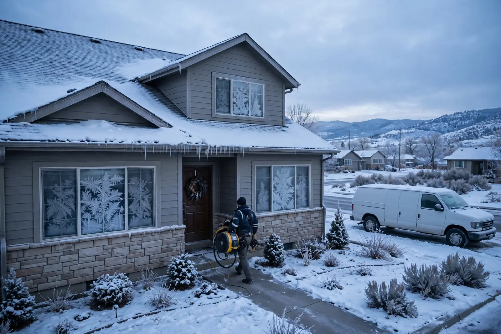 Burst Pipe & Freeze Water Damage Repair Bruneau, ID — a technician repairing a burst pipe in a home