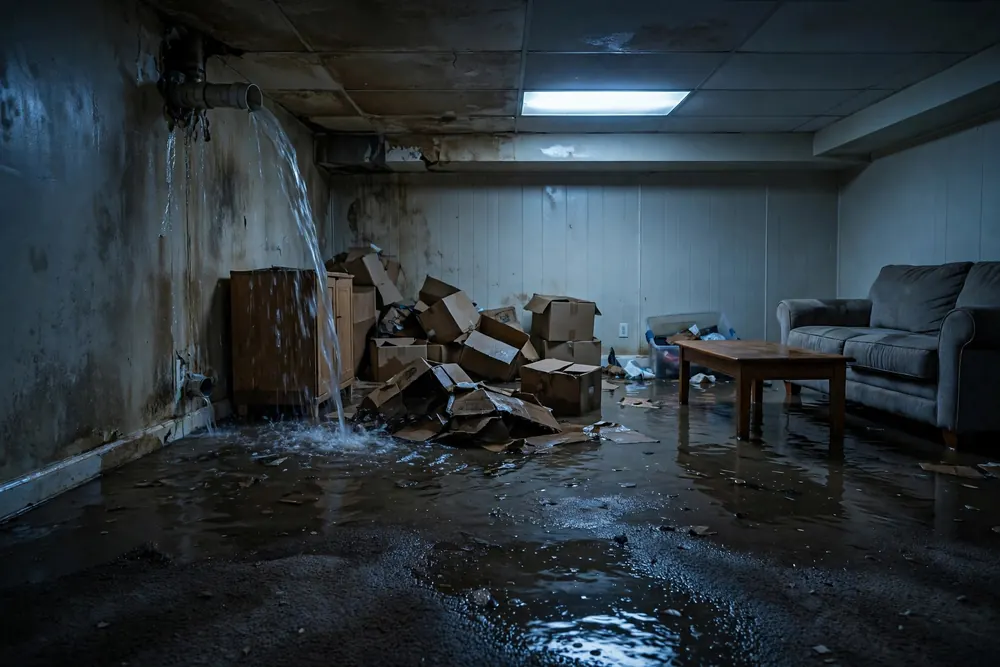 Water damage from a burst pipe before repair in a basement