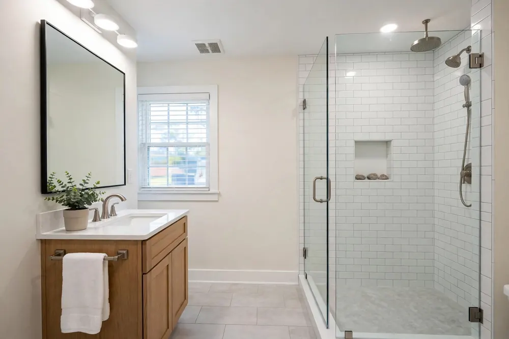 The fixed result after burst pipe repair and drying in a bathroom
