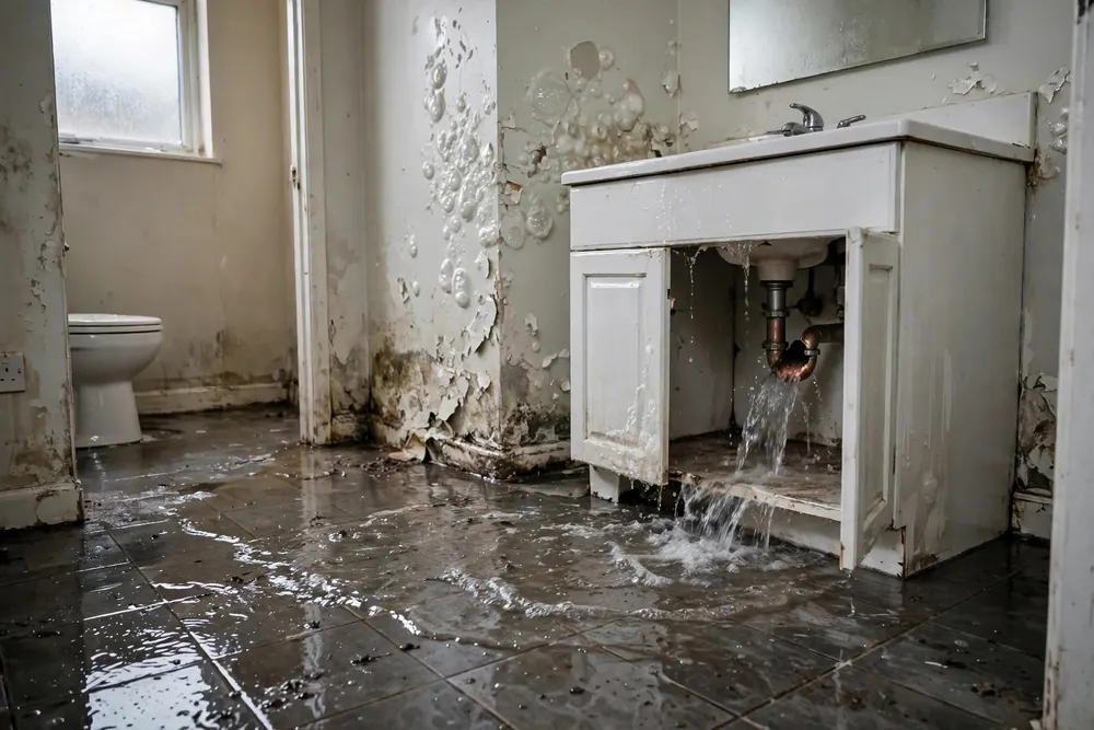 Water damage from a burst pipe before repair in a bathroom