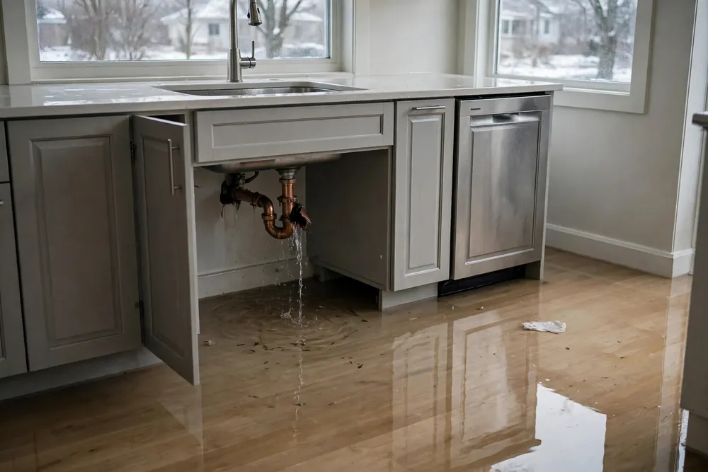 Water damage from a burst pipe before repair in a kitchen