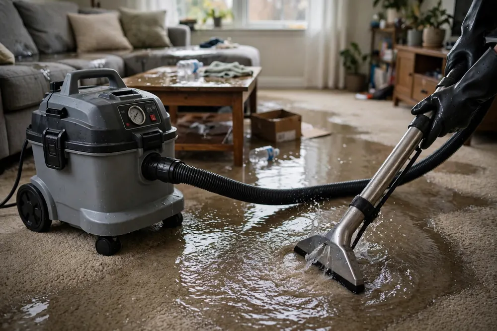 Burst Pipe & Freeze Water Damage Repair Idaho — water extraction in progress after a burst pipe