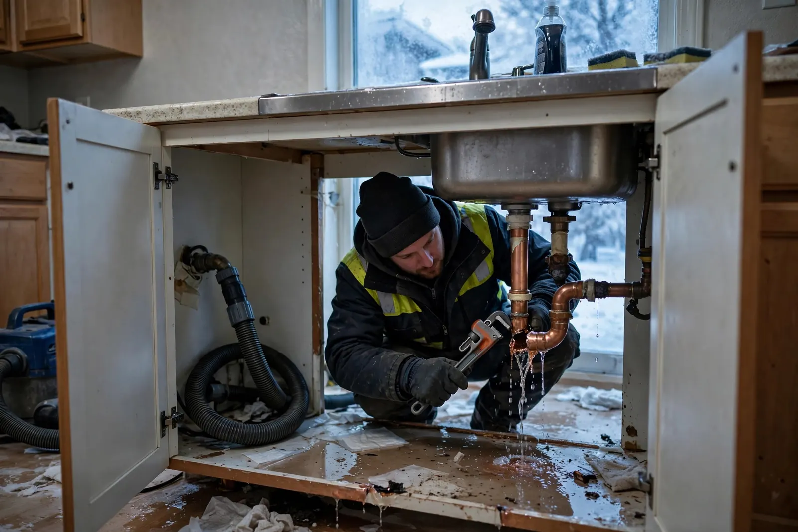 Burst Pipe & Freeze Water Damage Repair Idaho — a technician thawing and repairing a burst pipe in an Idaho home