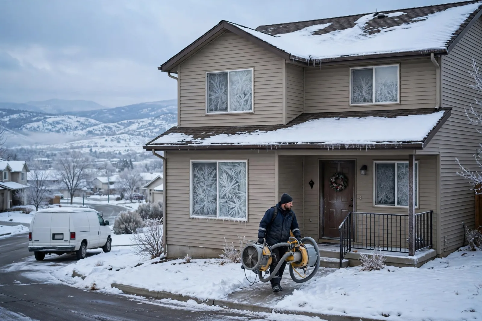 Burst Pipe & Freeze Water Damage Repair Ola, ID — a technician repairing a burst pipe in a home