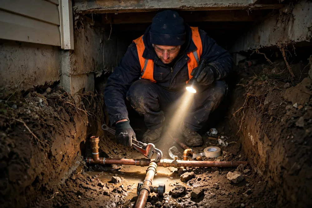 Burst Pipe Under Foundation Repair — a close look at a frozen pipe section