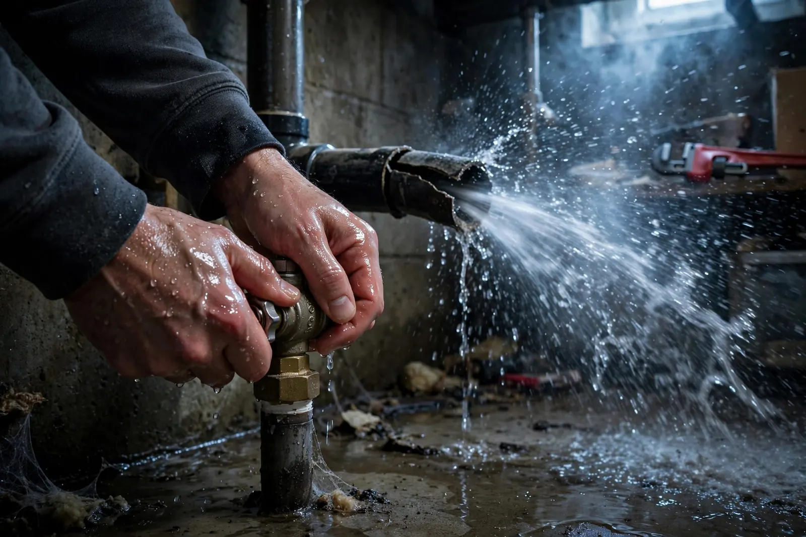 Emergency Burst Pipe & Freeze Water Damage Repair Aberdeen, ID — first-hour response to a burst pipe, shutoff valve being closed