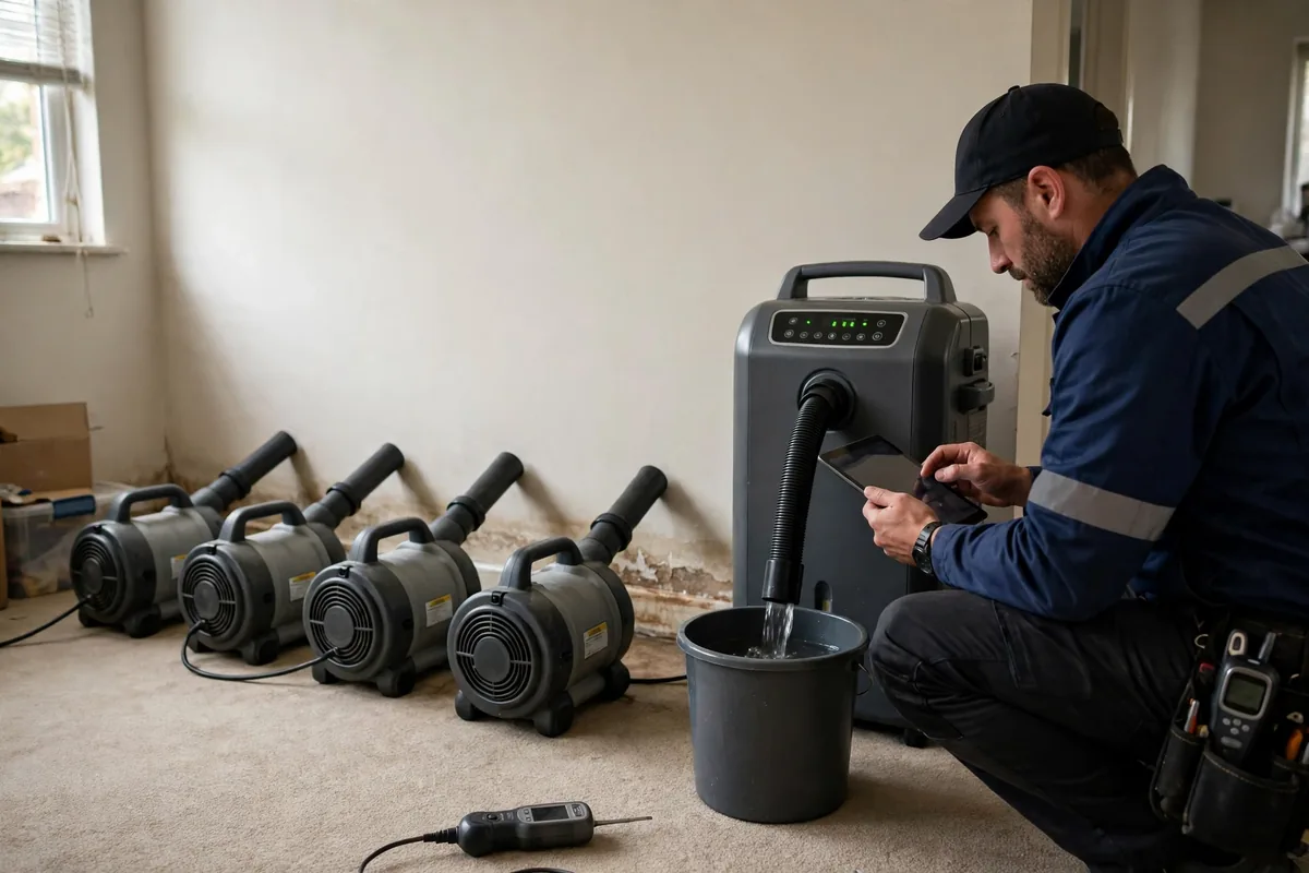 Emergency Burst Pipe & Freeze Water Damage Repair American Falls, ID — air movers and a dehumidifier drying a flooded room