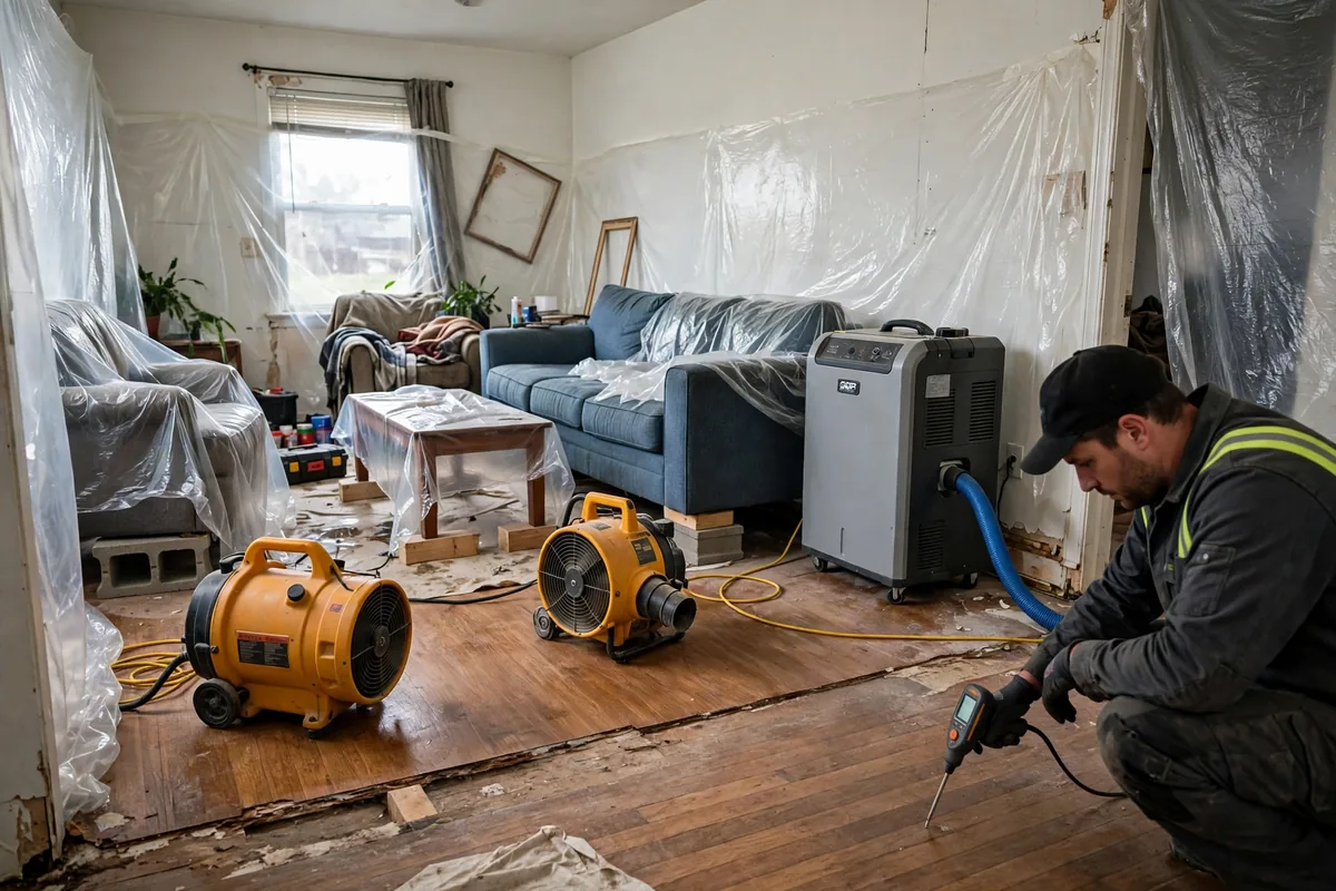 Emergency Burst Pipe & Freeze Water Damage Repair Arbon, ID — air movers and a dehumidifier drying a flooded room