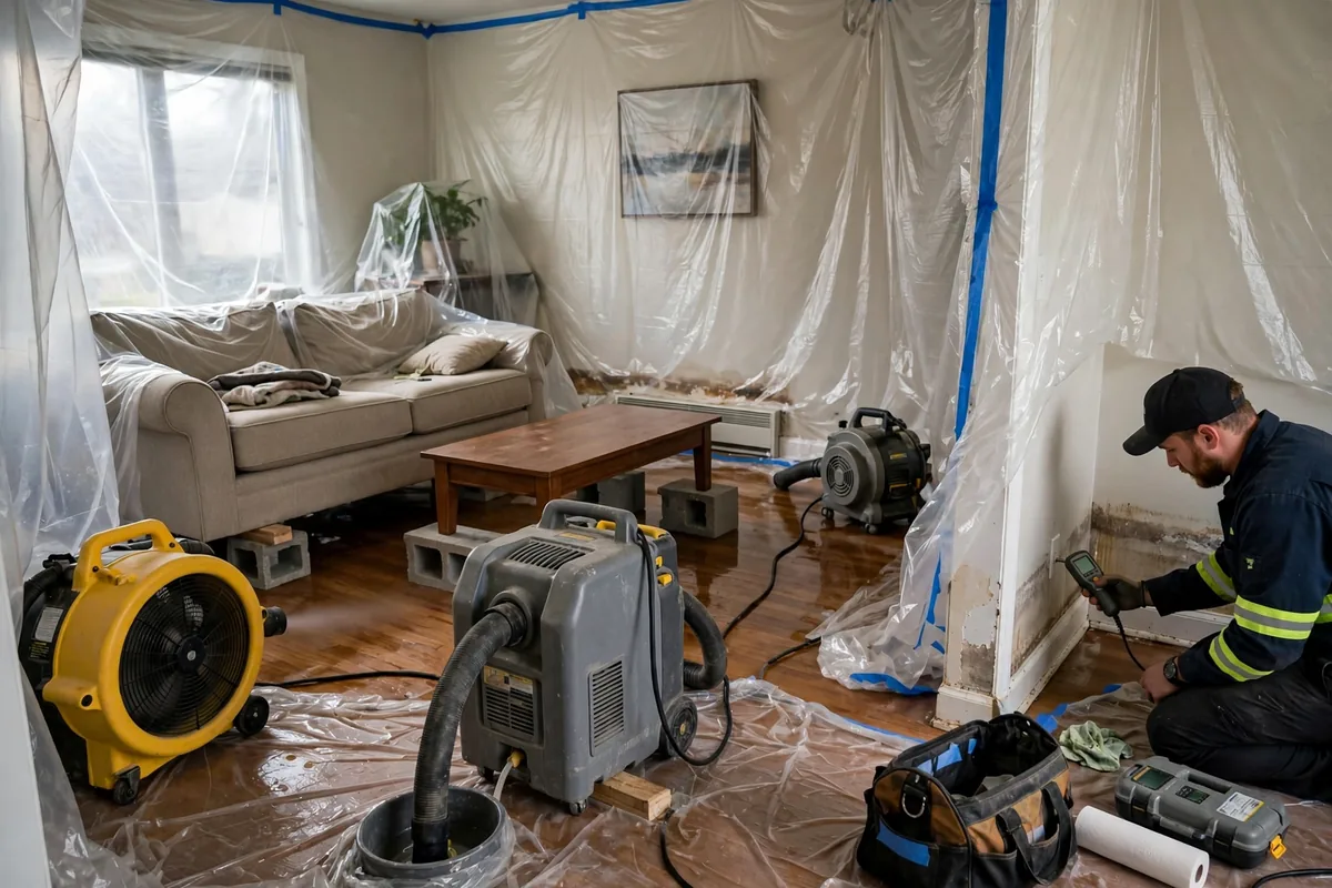 Emergency Burst Pipe & Freeze Water Damage Repair Bancroft, ID — air movers and a dehumidifier drying a flooded room