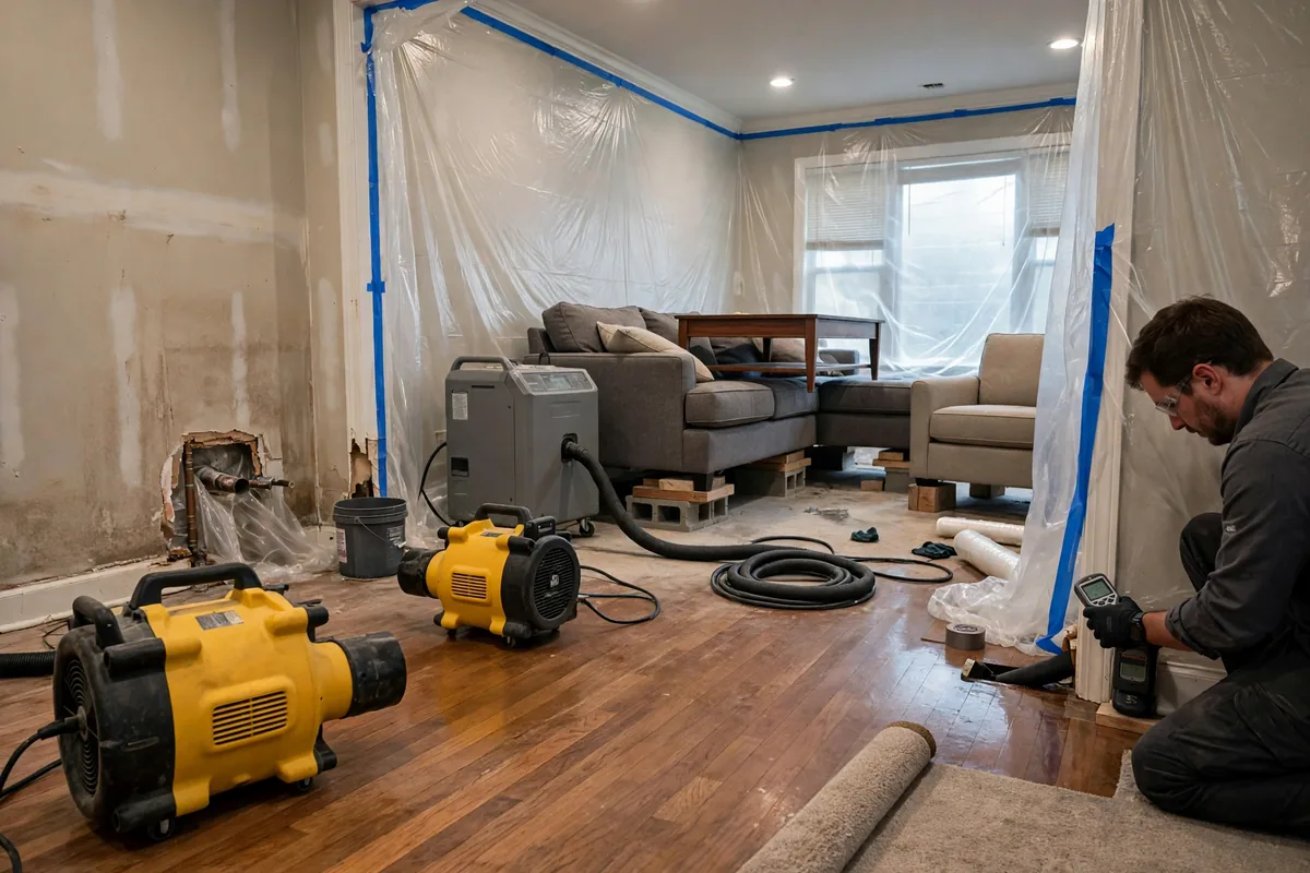 Emergency Burst Pipe & Freeze Water Damage Repair Banks, ID — air movers and a dehumidifier drying a flooded room