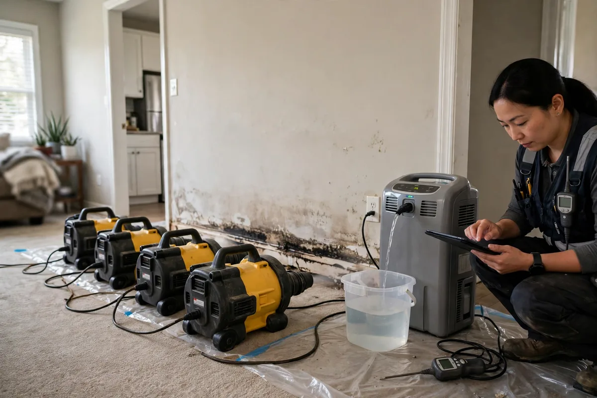 Emergency Burst Pipe & Freeze Water Damage Repair Bayview, ID — air movers and a dehumidifier drying a flooded room