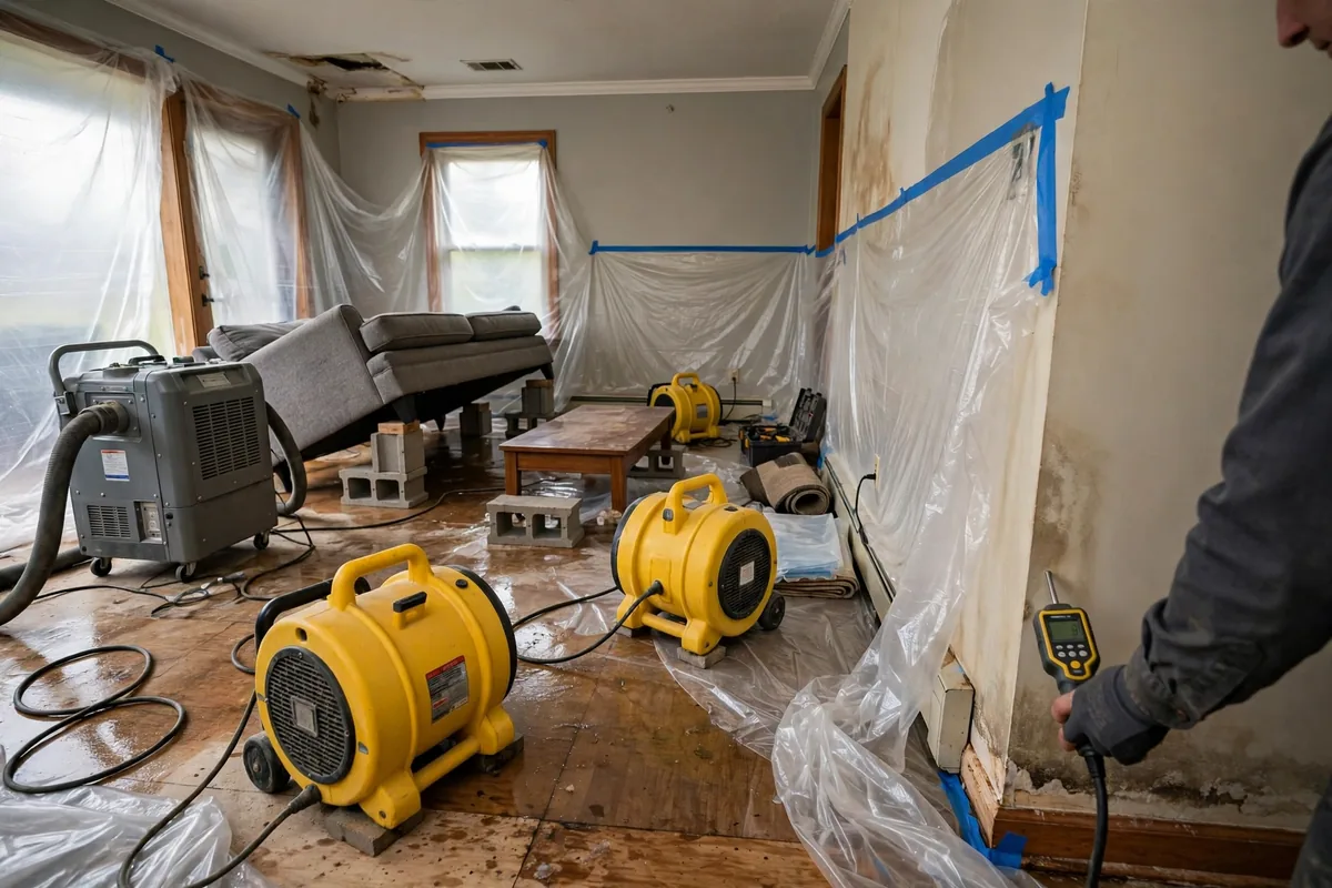 Emergency Burst Pipe & Freeze Water Damage Repair Blackfoot, ID — air movers and a dehumidifier drying a flooded room