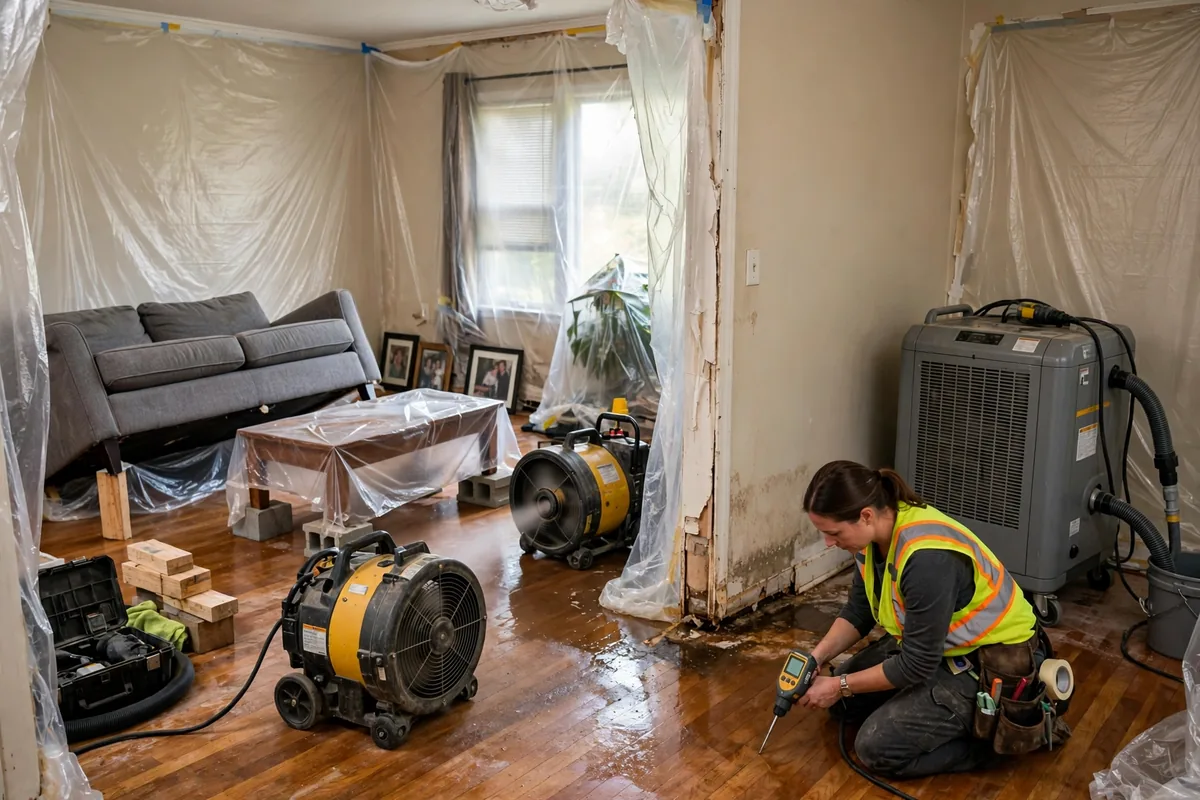 Emergency Burst Pipe & Freeze Water Damage Repair Burley, ID — air movers and a dehumidifier drying a flooded room