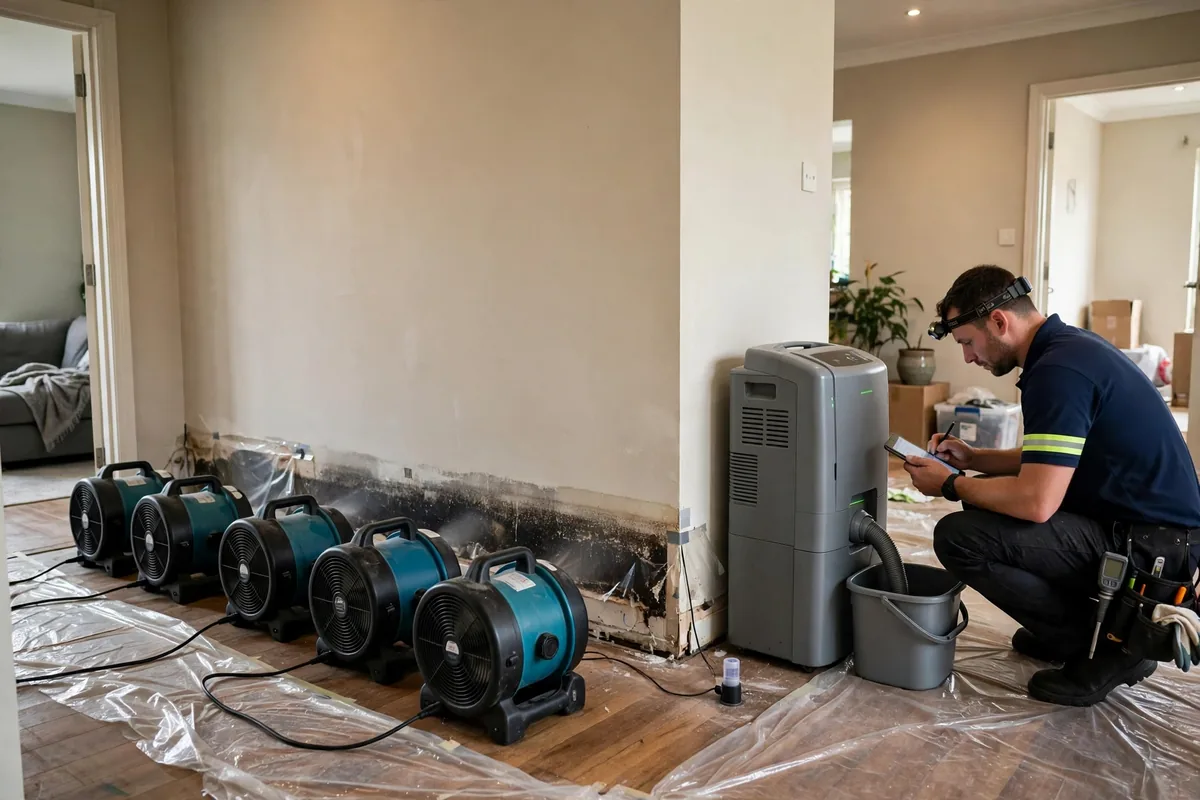 Emergency Burst Pipe & Freeze Water Damage Repair Cambridge, ID — air movers and a dehumidifier drying a flooded room