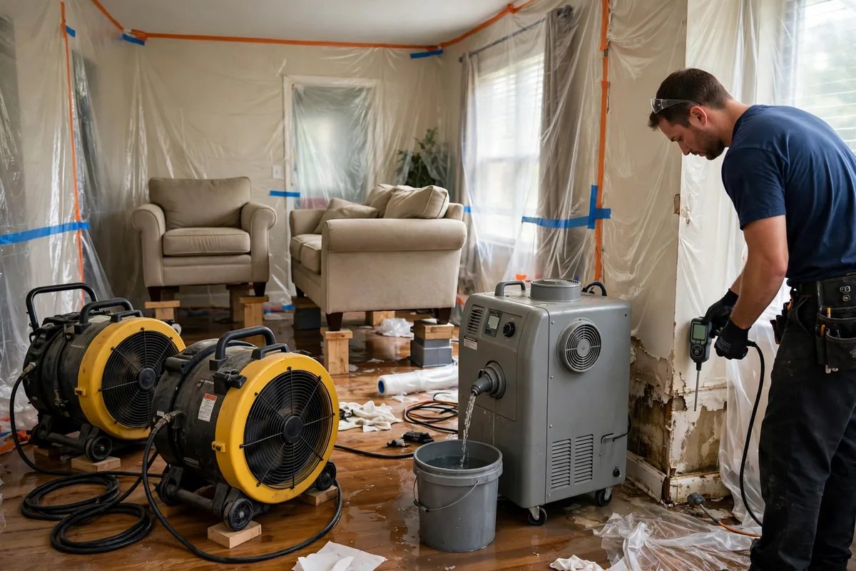 Emergency Burst Pipe & Freeze Water Damage Repair Cataldo, ID — air movers and a dehumidifier drying a flooded room