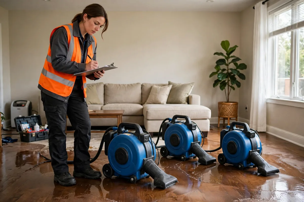 Emergency Burst Pipe & Freeze Water Damage Repair Chester, ID — air movers and a dehumidifier drying a flooded room