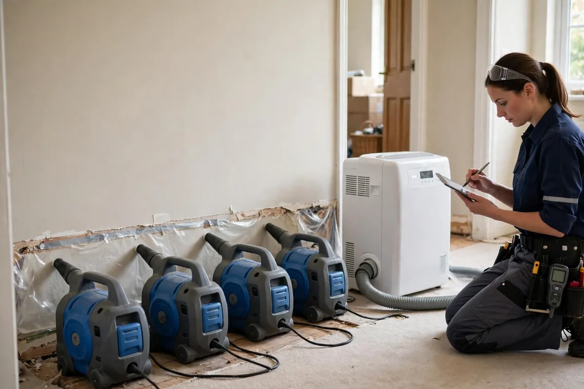 Emergency Burst Pipe & Freeze Water Damage Repair Clark Fork, ID — air movers and a dehumidifier drying a flooded room