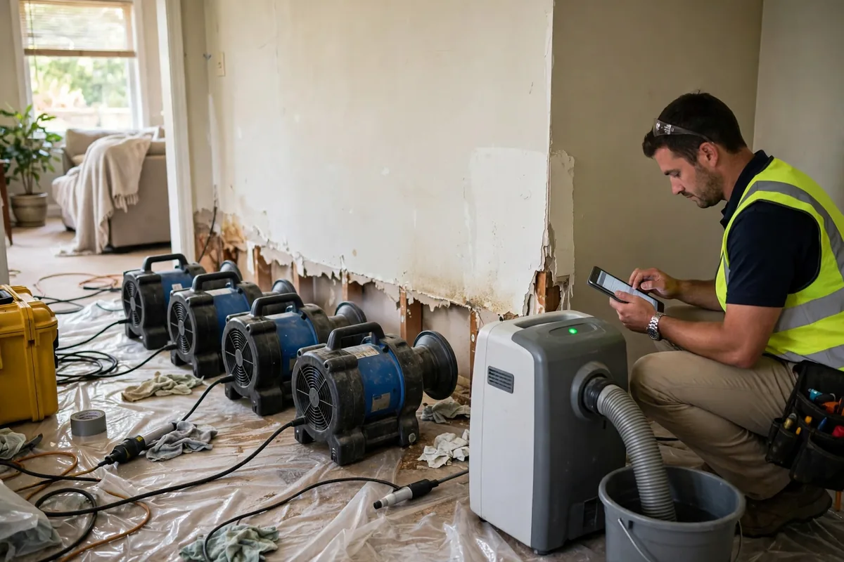 Emergency Burst Pipe & Freeze Water Damage Repair Coeur d'Alene, ID — air movers and a dehumidifier drying a flooded room
