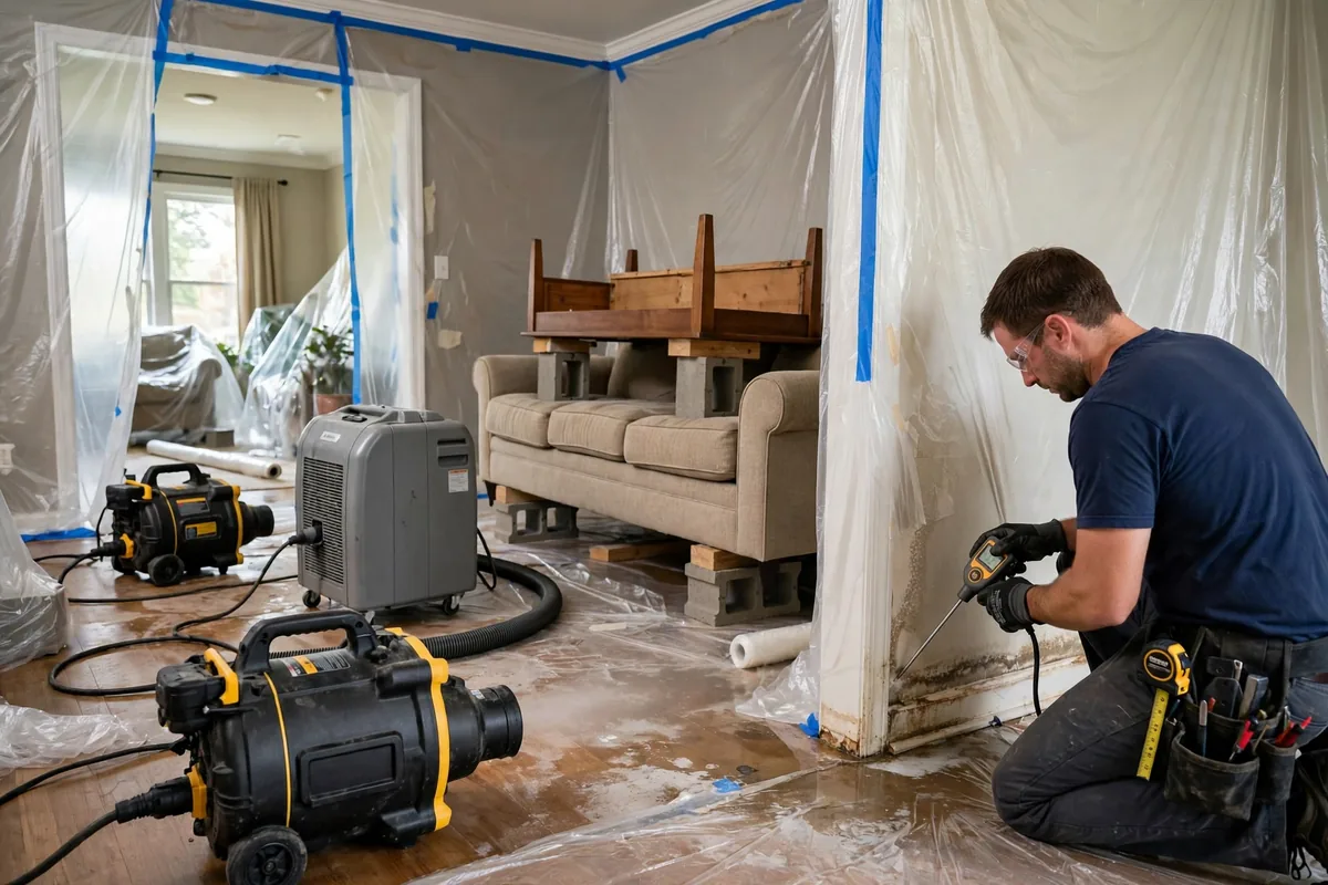 Emergency Burst Pipe & Freeze Water Damage Repair Fort Hall, ID — air movers and a dehumidifier drying a flooded room
