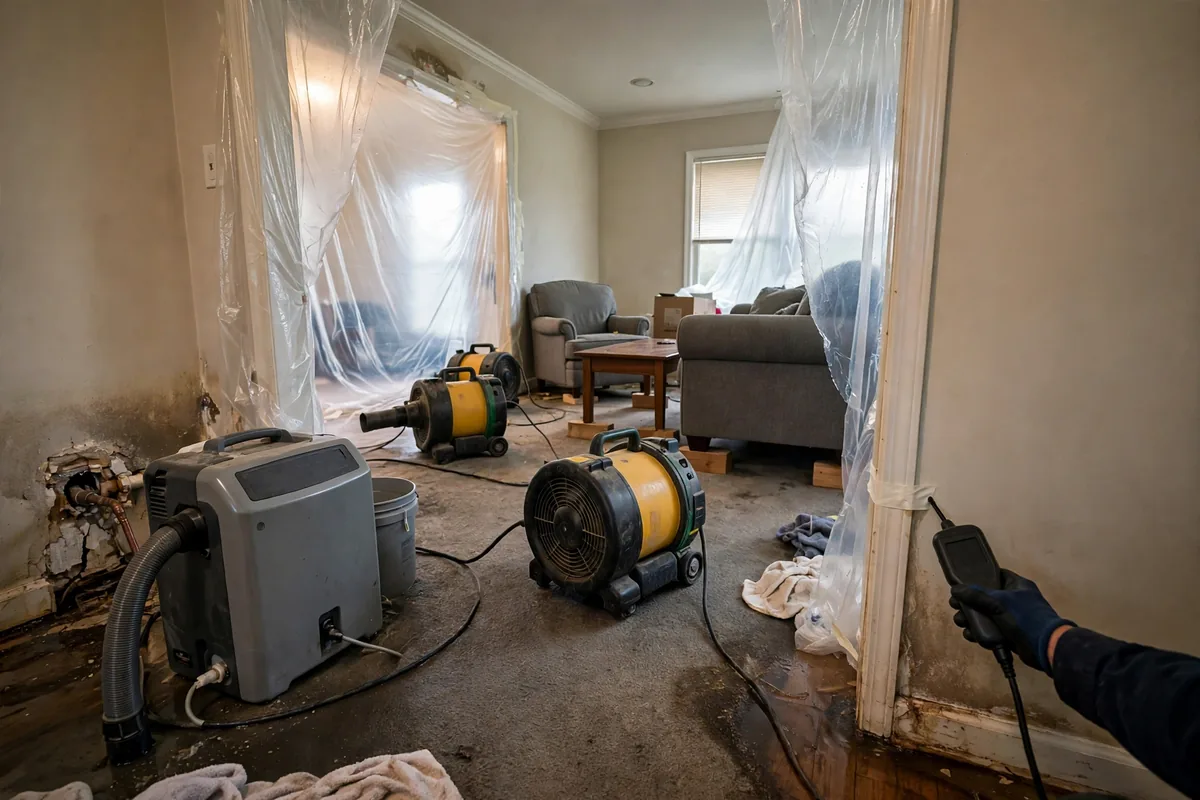 Emergency Burst Pipe & Freeze Water Damage Repair Fruitland, ID — air movers and a dehumidifier drying a flooded room