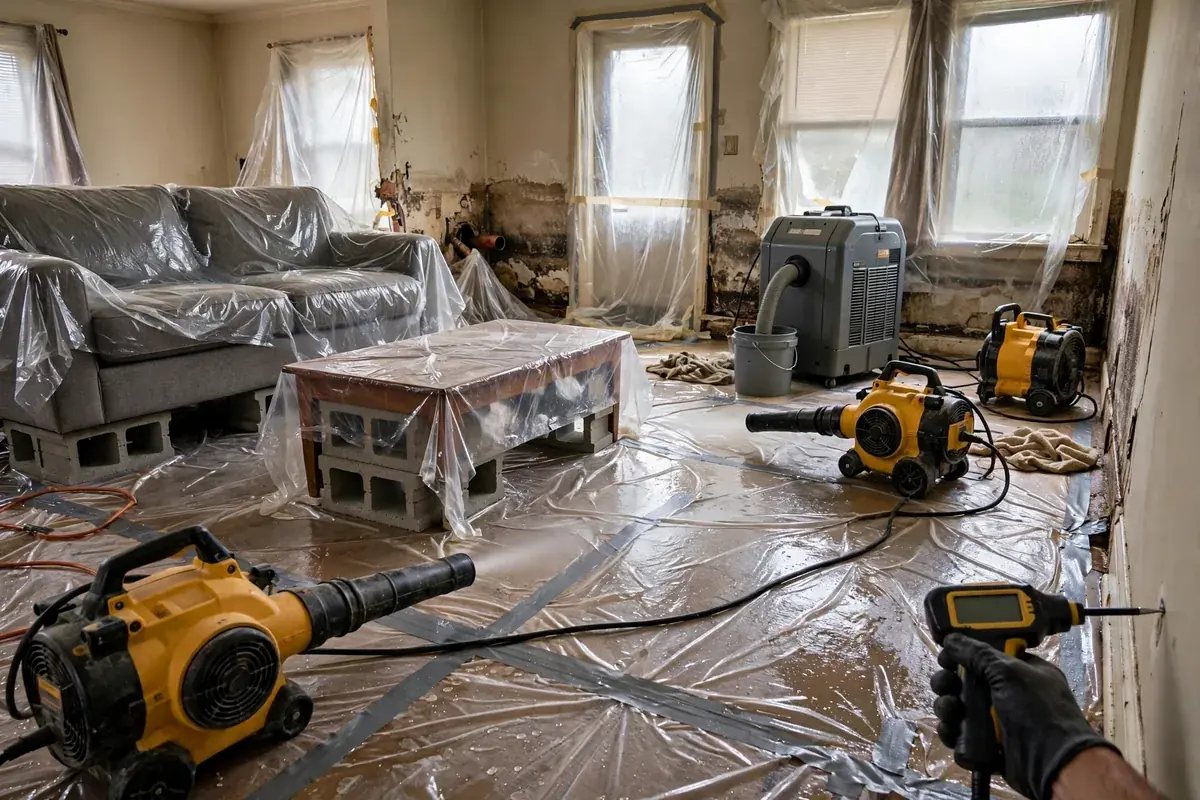 Emergency Burst Pipe & Freeze Water Damage Repair Garden City, ID — air movers and a dehumidifier drying a flooded room