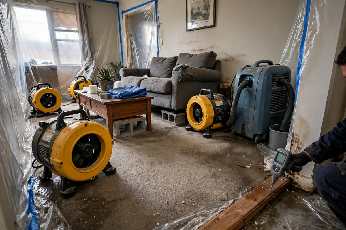 Emergency Burst Pipe & Freeze Water Damage Repair Garden Valley, ID — air movers and a dehumidifier drying a flooded room
