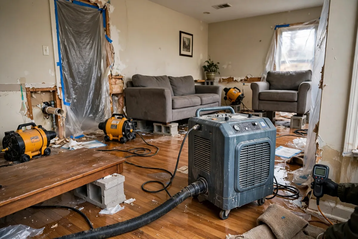 Emergency Burst Pipe & Freeze Water Damage Repair Gibbonsville, ID — air movers and a dehumidifier drying a flooded room