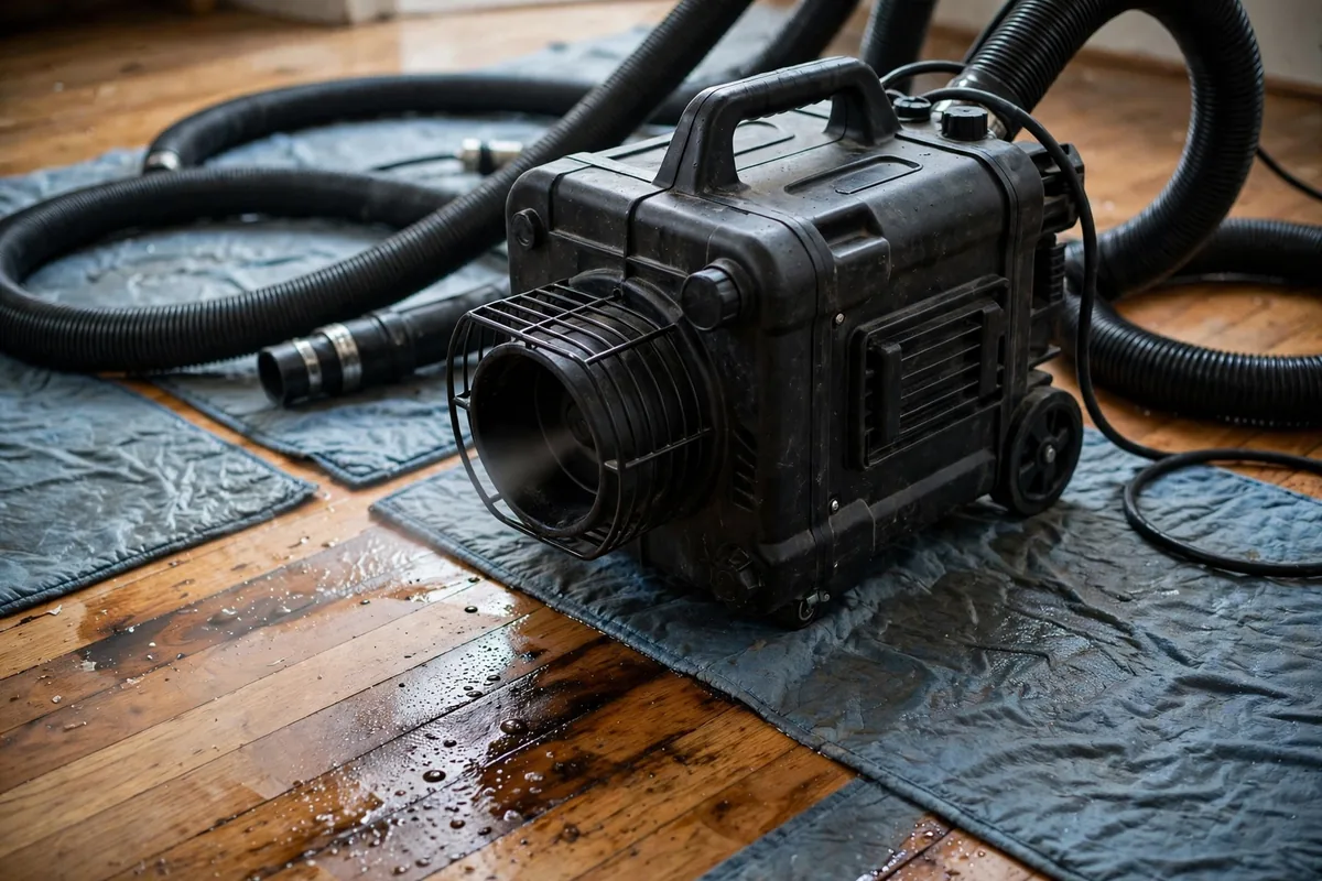 Emergency Burst Pipe & Freeze Water Damage Repair Grand View, ID — air movers and a dehumidifier drying a flooded room