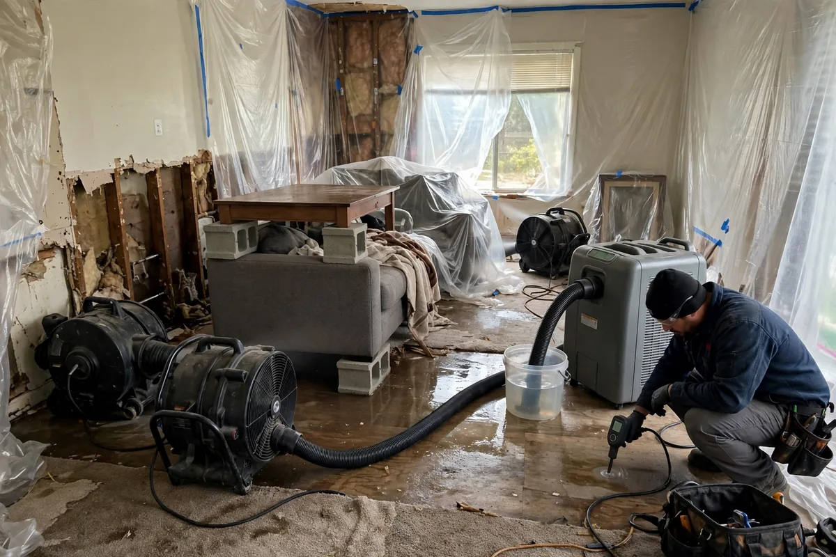 Emergency Burst Pipe & Freeze Water Damage Repair Greenleaf, ID — air movers and a dehumidifier drying a flooded room