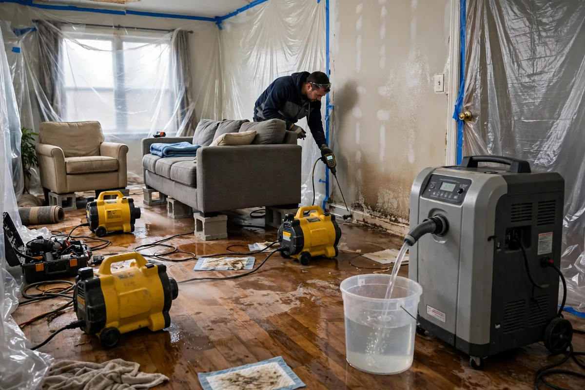 Emergency Burst Pipe & Freeze Water Damage Repair Harrison, ID — air movers and a dehumidifier drying a flooded room