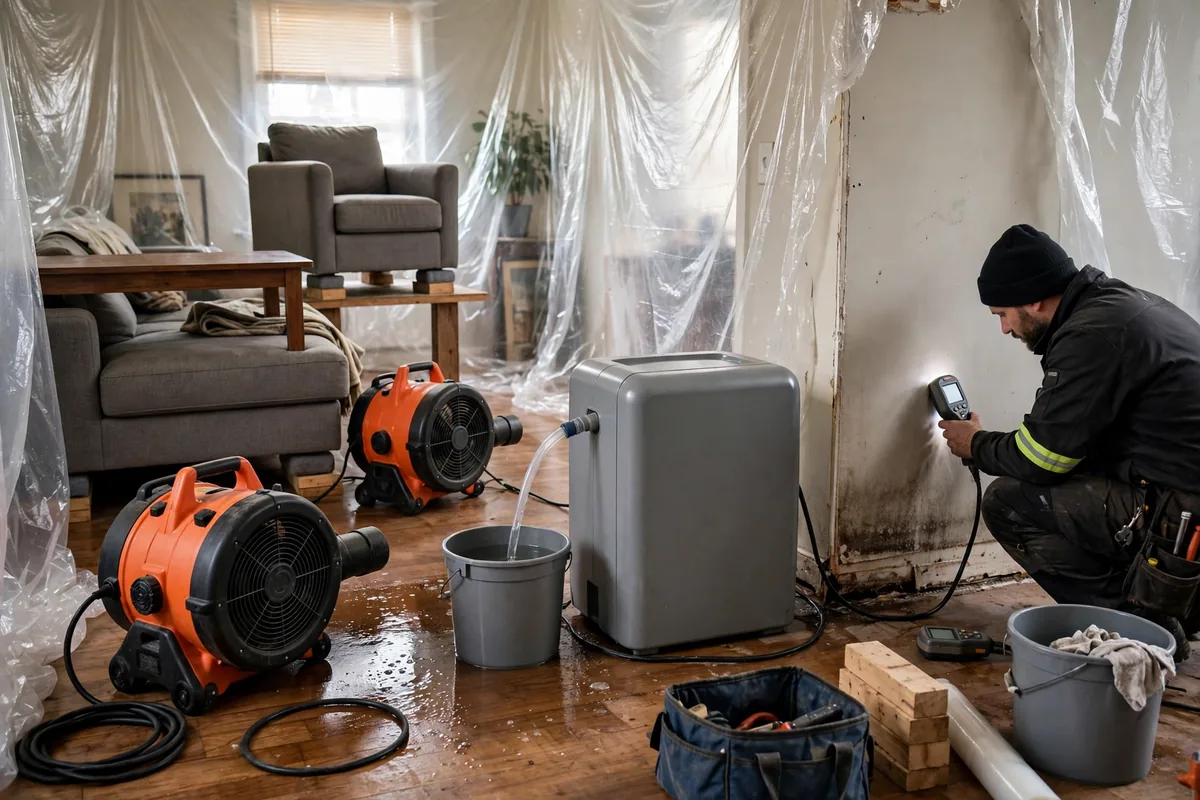 Emergency Burst Pipe & Freeze Water Damage Repair Holbrook, ID — air movers and a dehumidifier drying a flooded room