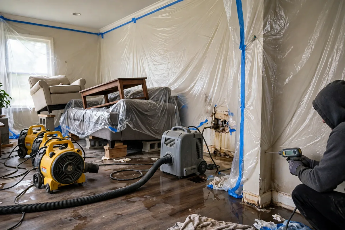 Emergency Burst Pipe & Freeze Water Damage Repair Horseshoe Bend, ID — air movers and a dehumidifier drying a flooded room