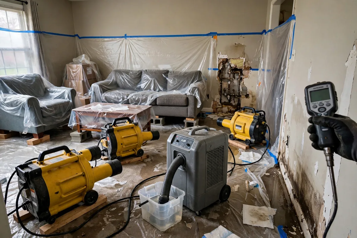 Emergency Burst Pipe & Freeze Water Damage Repair Howe, ID — air movers and a dehumidifier drying a flooded room
