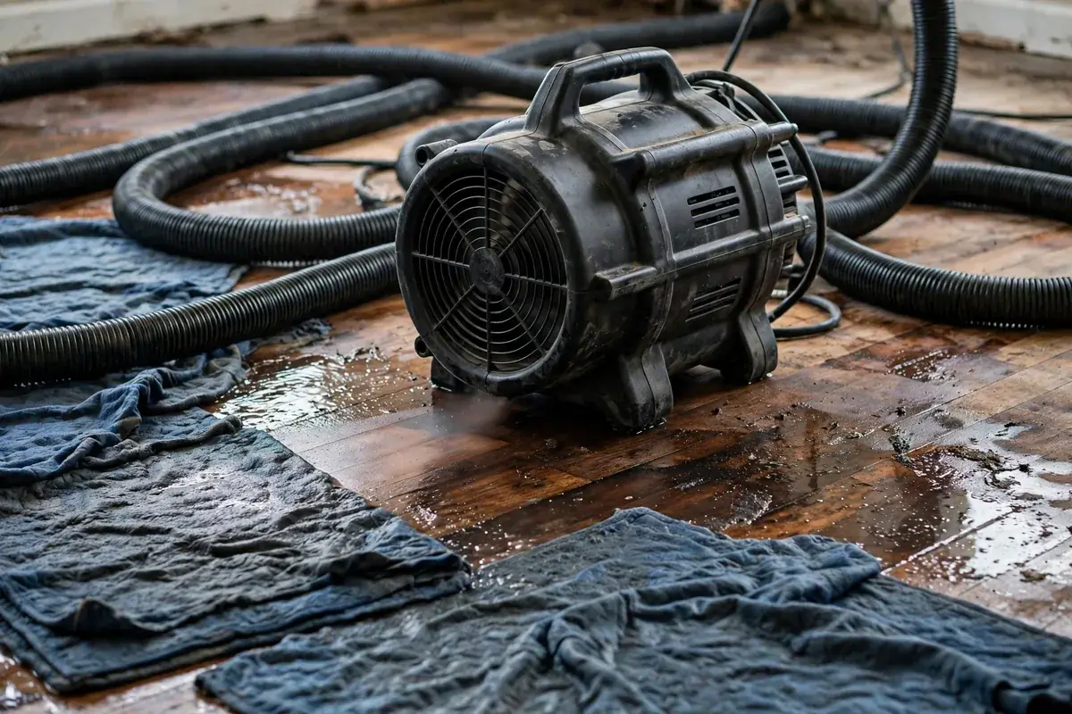 Emergency Burst Pipe & Freeze Water Damage Repair Huston, ID — air movers and a dehumidifier drying a flooded room