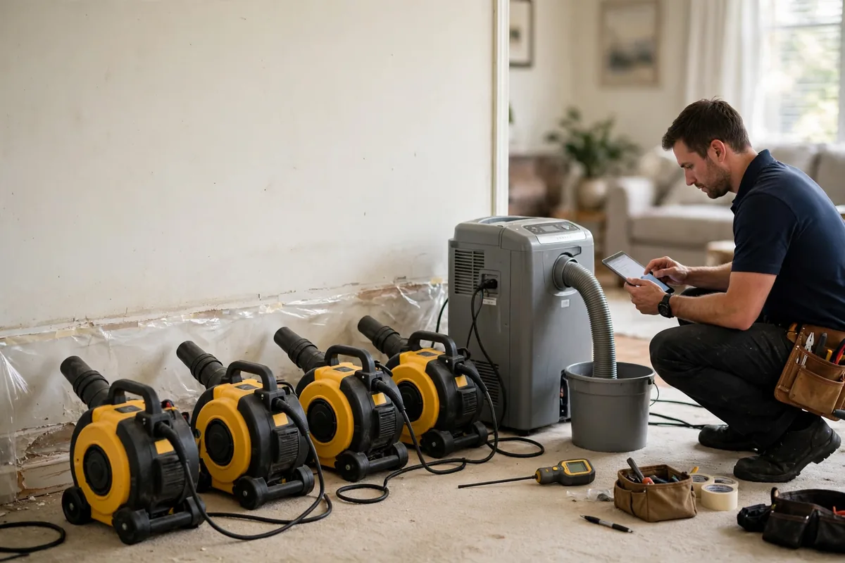 Emergency Burst Pipe & Freeze Water Damage Repair Idaho City, ID — air movers and a dehumidifier drying a flooded room