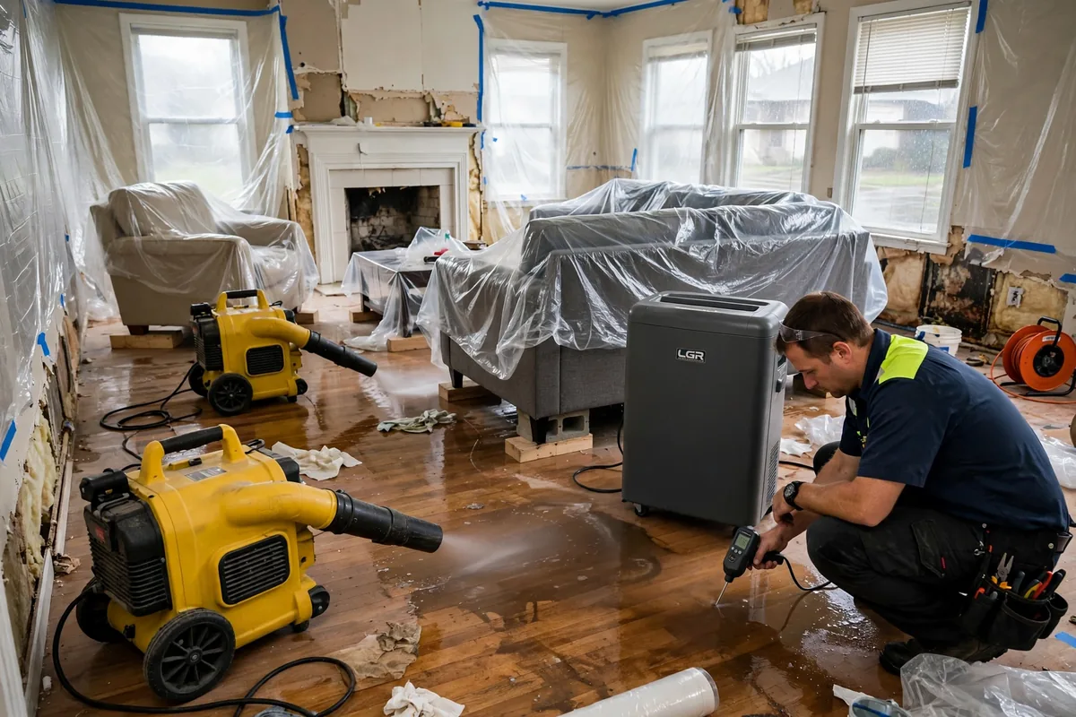 Emergency Burst Pipe & Freeze Water Damage Repair Idaho Falls, ID — air movers and a dehumidifier drying a flooded room