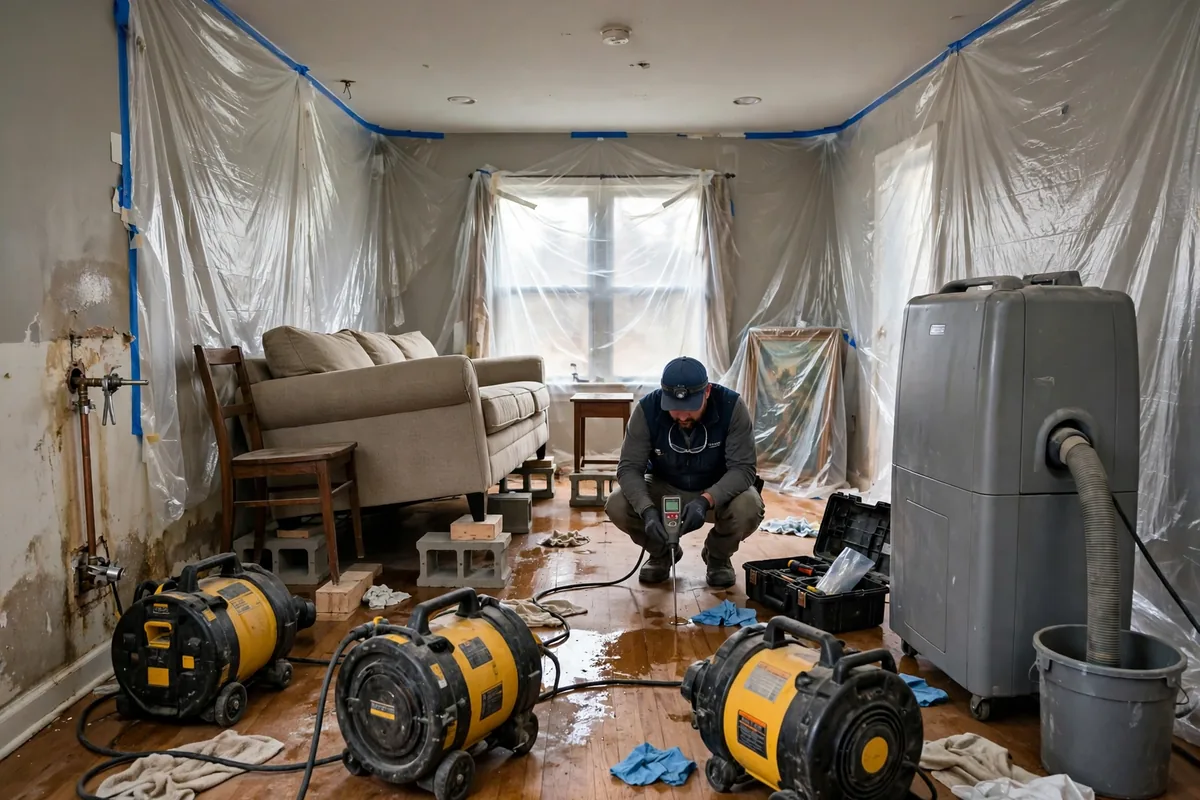 Emergency Burst Pipe & Freeze Water Damage Repair Iona, ID — air movers and a dehumidifier drying a flooded room