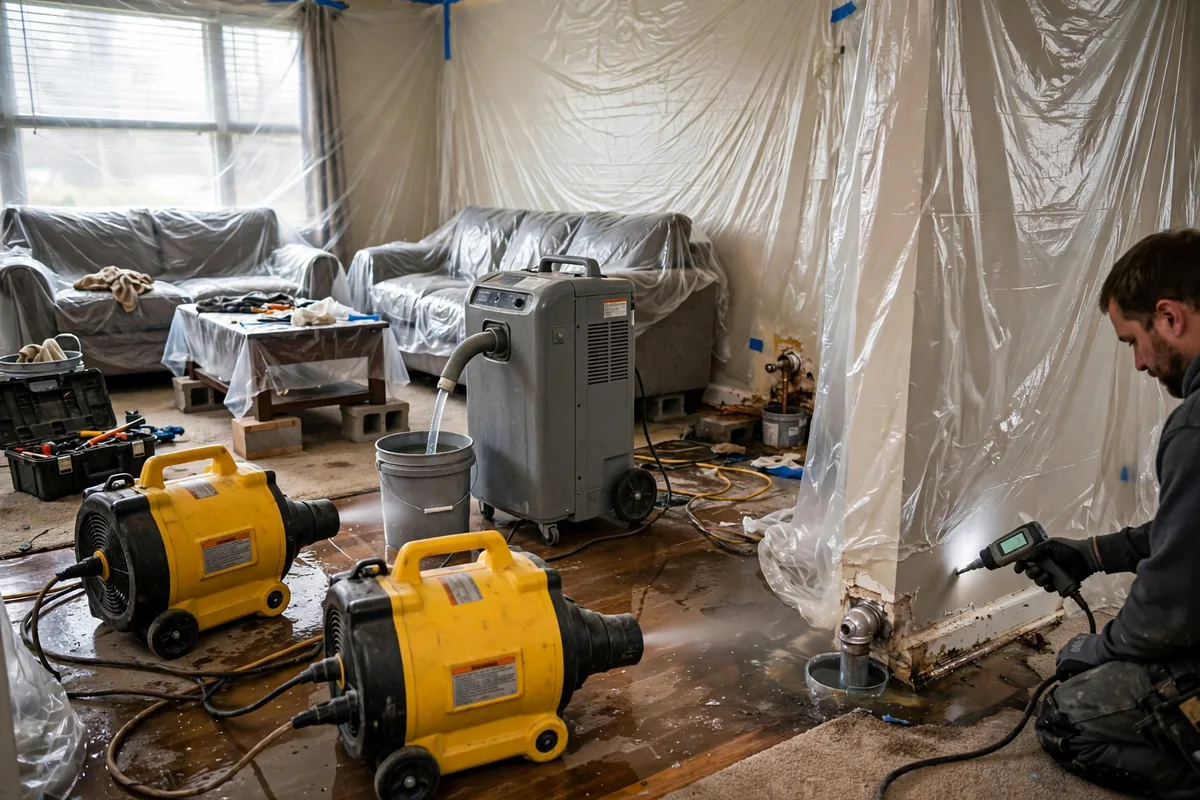 Emergency Burst Pipe & Freeze Water Damage Repair King Hill, ID — air movers and a dehumidifier drying a flooded room