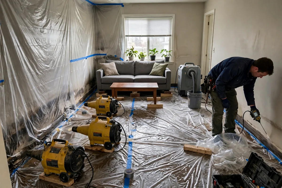 Emergency Burst Pipe & Freeze Water Damage Repair Kuna, ID — air movers and a dehumidifier drying a flooded room