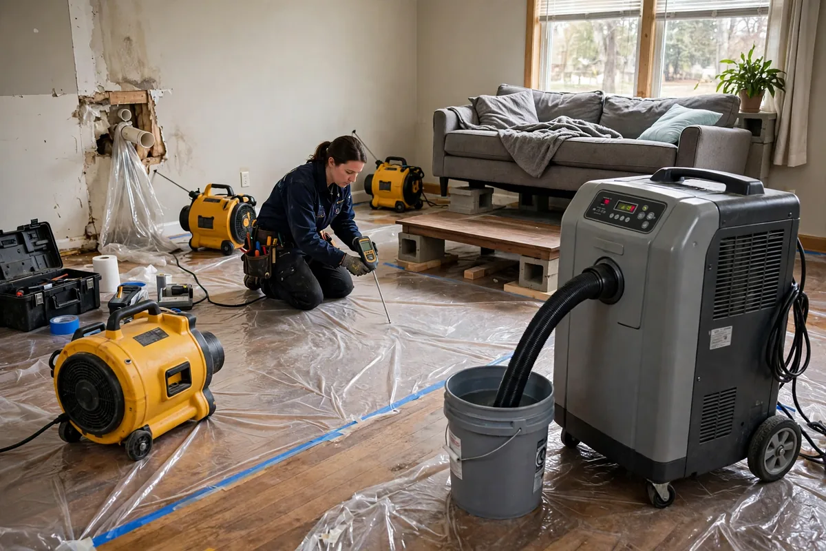 Emergency Burst Pipe & Freeze Water Damage Repair Macks Inn, ID — air movers and a dehumidifier drying a flooded room