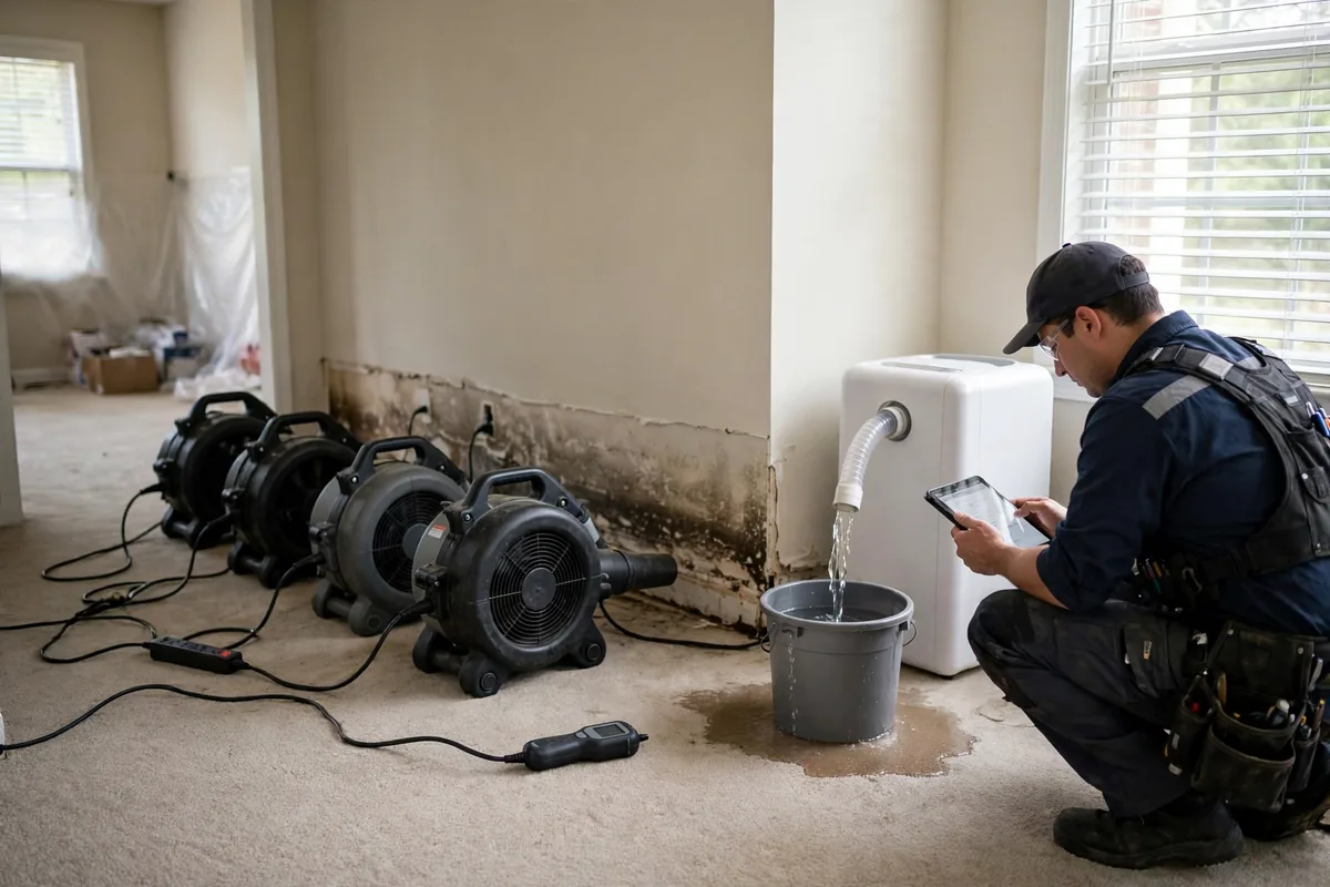 Emergency Burst Pipe & Freeze Water Damage Repair Marsing, ID — air movers and a dehumidifier drying a flooded room