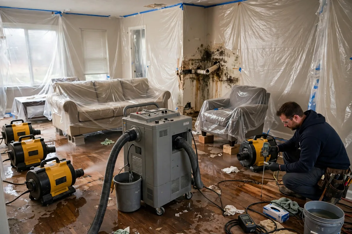 Emergency Burst Pipe & Freeze Water Damage Repair Medimont, ID — air movers and a dehumidifier drying a flooded room