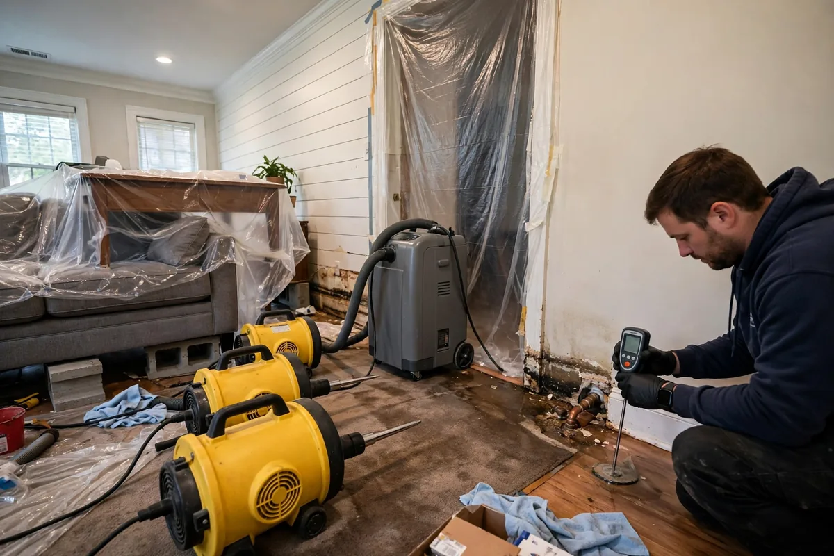 Emergency Burst Pipe & Freeze Water Damage Repair Melba, ID — air movers and a dehumidifier drying a flooded room