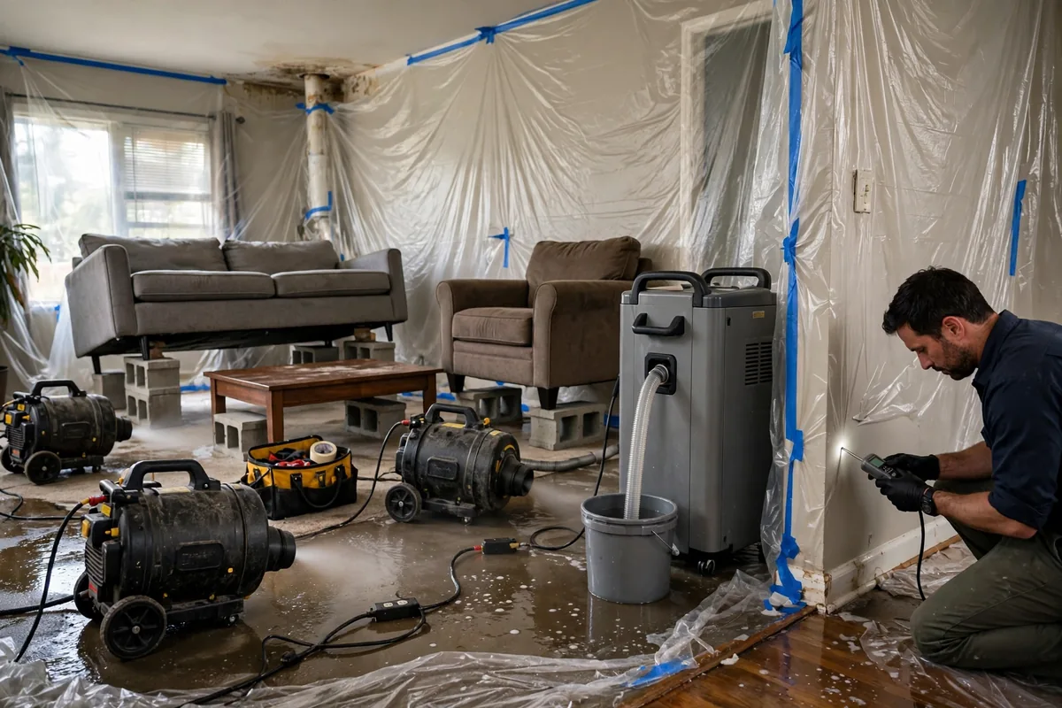 Emergency Burst Pipe & Freeze Water Damage Repair Middleton, ID — air movers and a dehumidifier drying a flooded room
