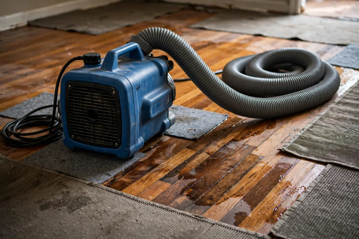Emergency Burst Pipe & Freeze Water Damage Repair Moreland, ID — air movers and a dehumidifier drying a flooded room