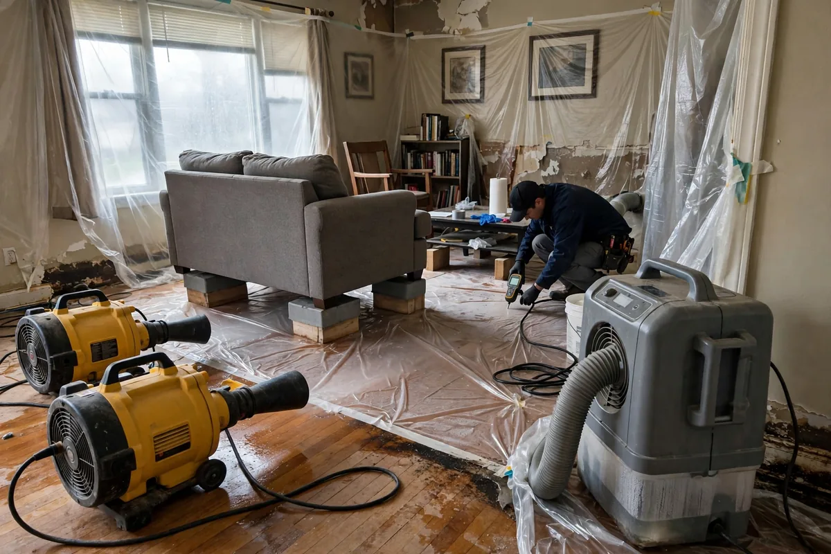 Emergency Burst Pipe & Freeze Water Damage Repair Mountain Home AFB, ID — air movers and a dehumidifier drying a flooded room