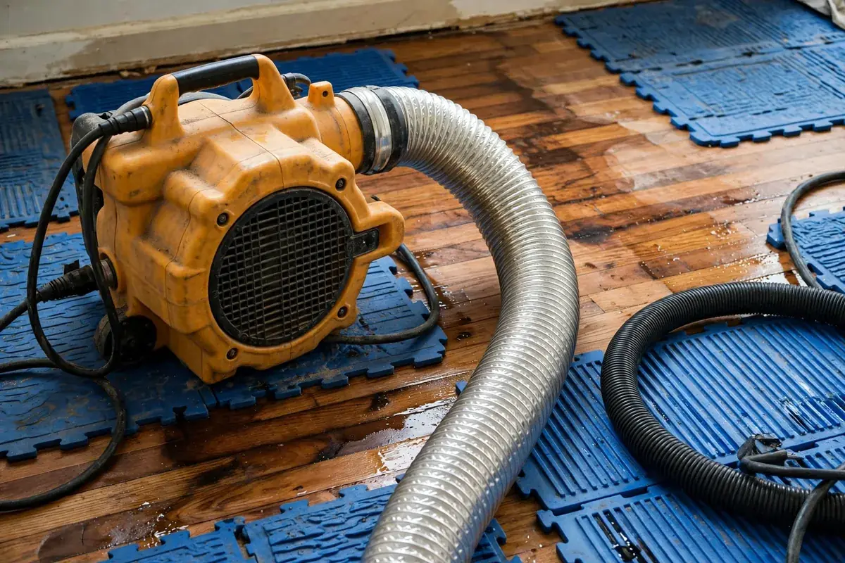 Emergency Burst Pipe & Freeze Water Damage Repair Murphy, ID — air movers and a dehumidifier drying a flooded room