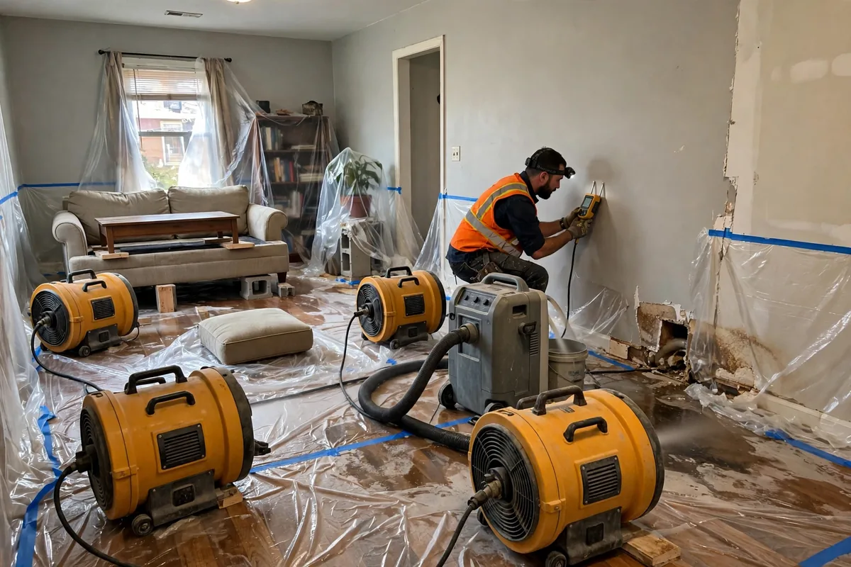 Emergency Burst Pipe & Freeze Water Damage Repair Nampa, ID — air movers and a dehumidifier drying a flooded room
